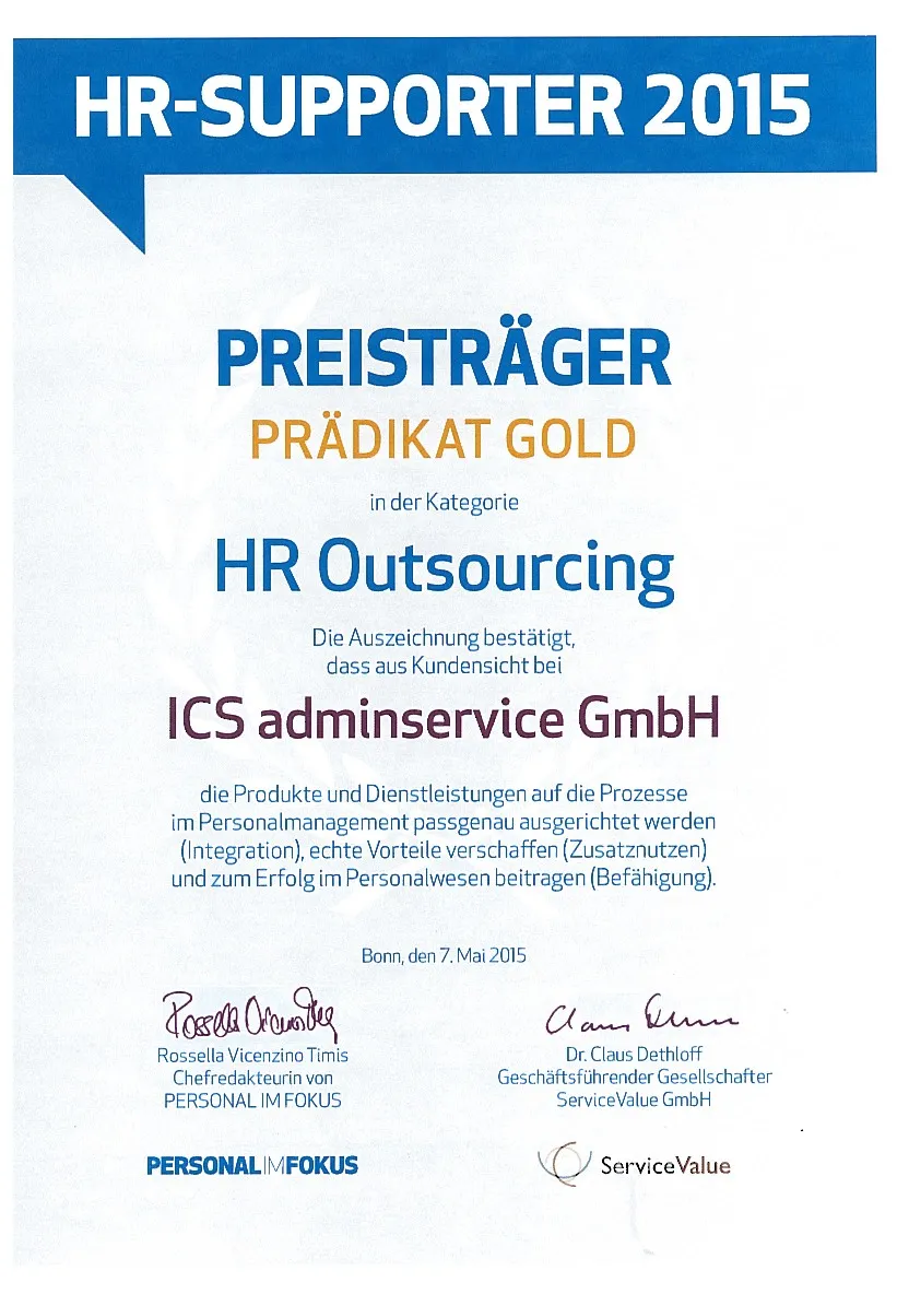 Abbildung Urkunde ICS ist HR-Supporter 2015